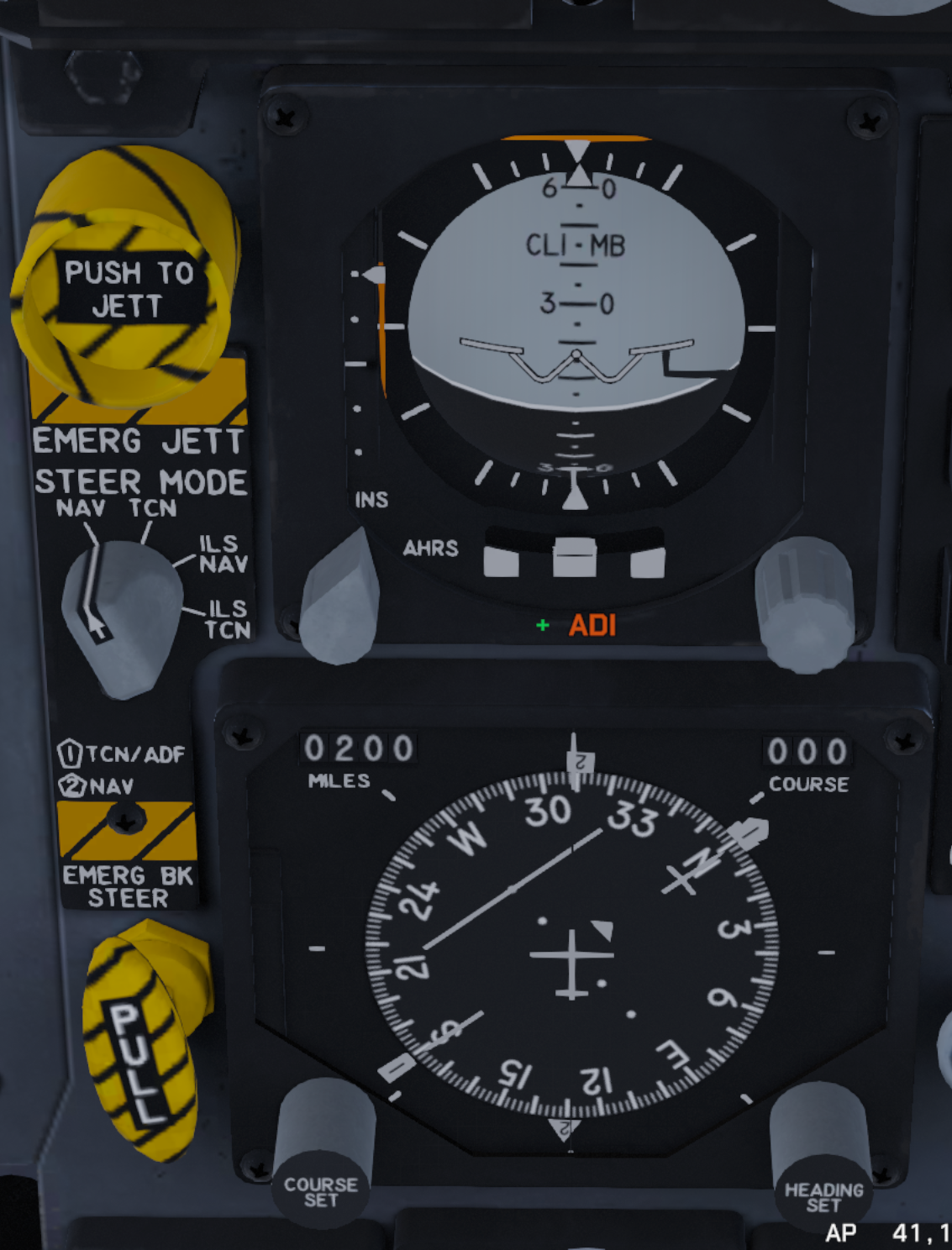 Figure 27. ADI, HSI, emergency jettison button, and steering mode selector