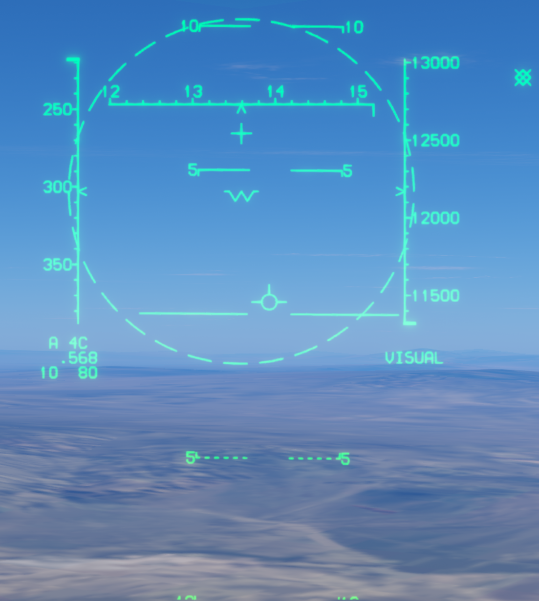 AIM-120 visual mode without a PDT: dashed 12-degree circle and VISUAL annunciation