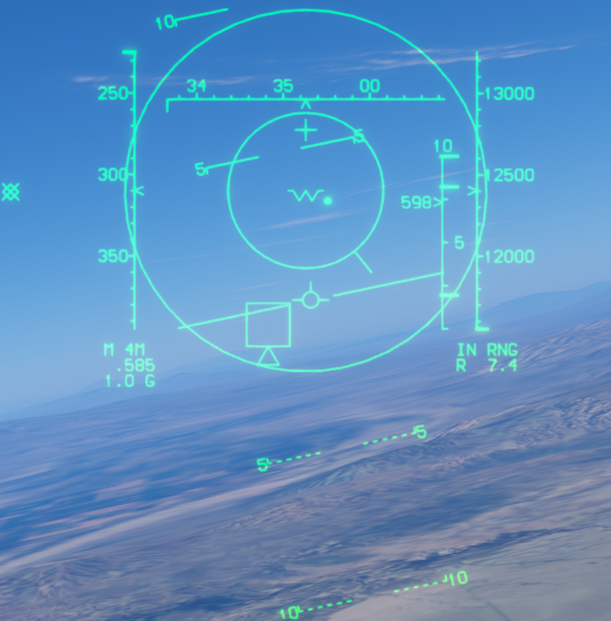 AIM-7 target inside RTR with a triangle beneath the TD box and a range of 7.4 nautical miles