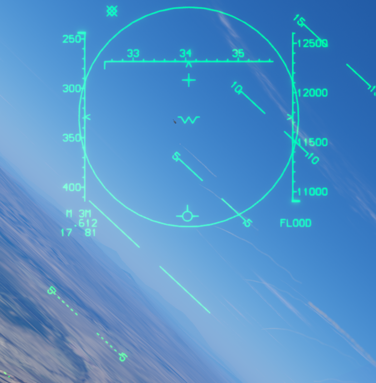 AIM-7 FLOOD mode with FLOOD annunciated and the target inside the 12-degree illumination circle