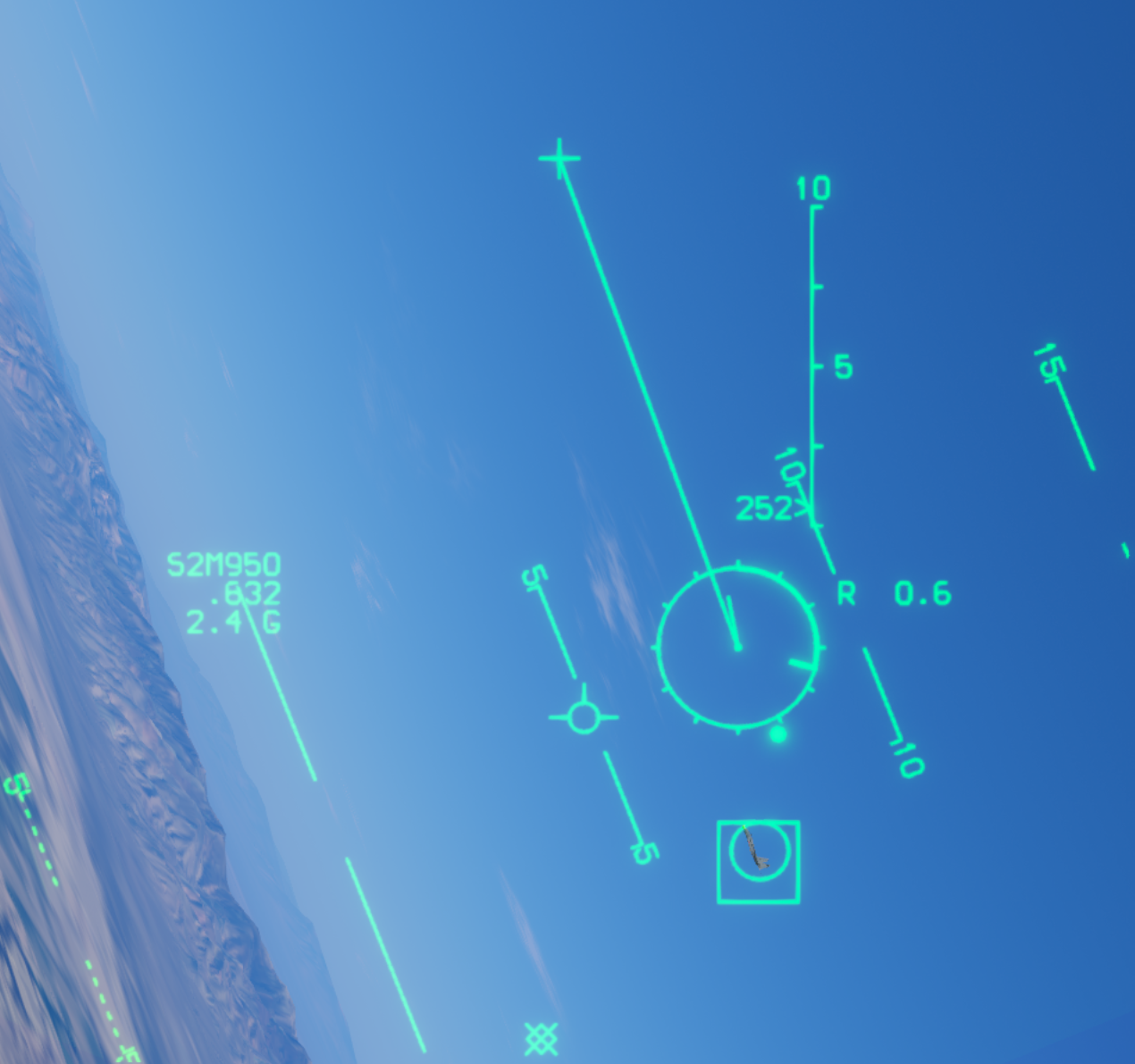 Gun composite mode in HUD REJ with heading, airspeed, and altitude tapes hidden while the gun reticle and target symbols remain