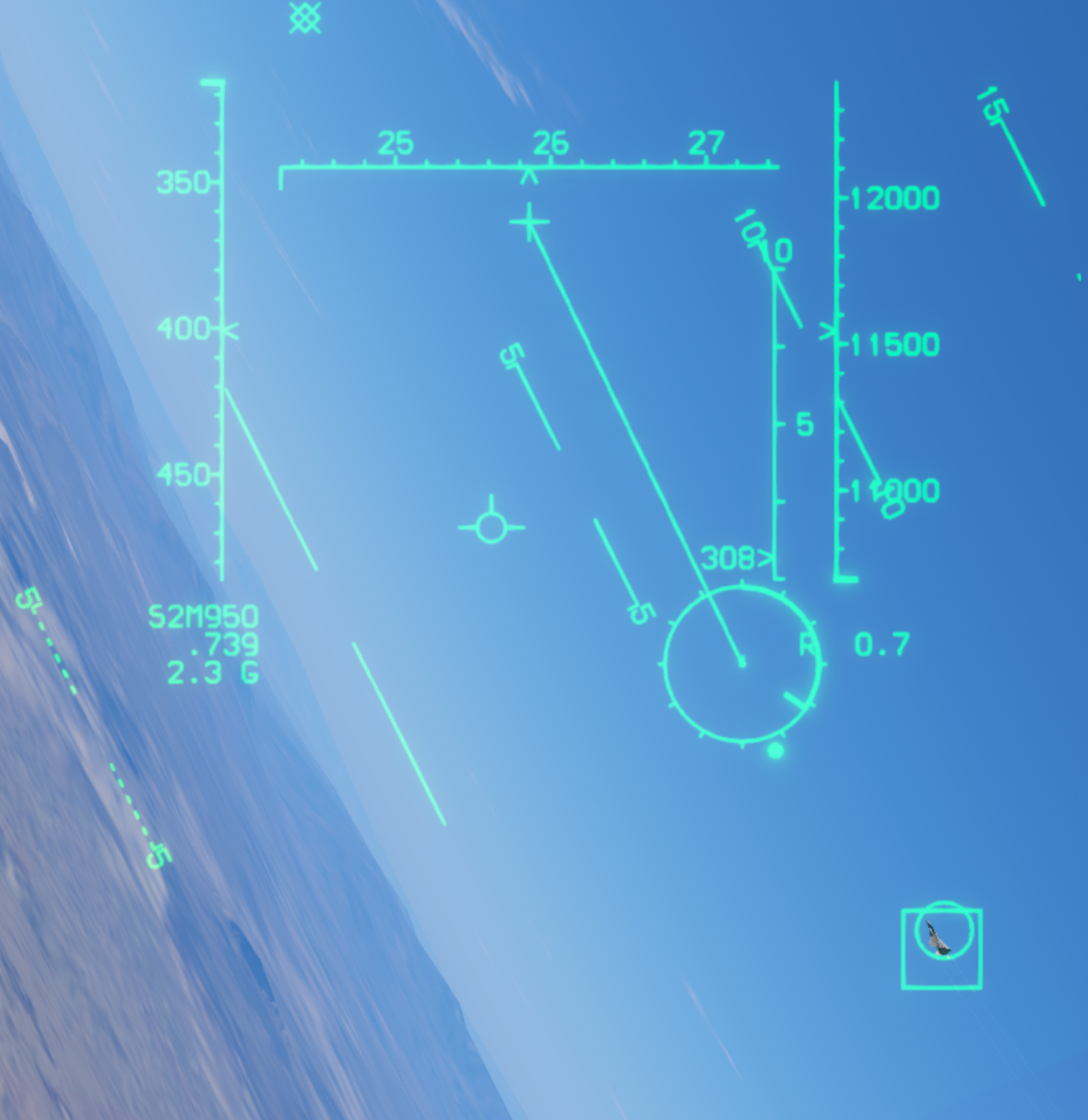 SM gun composite mode with heading, airspeed, and altitude tapes, the GDS reticle, and missile seeker direction