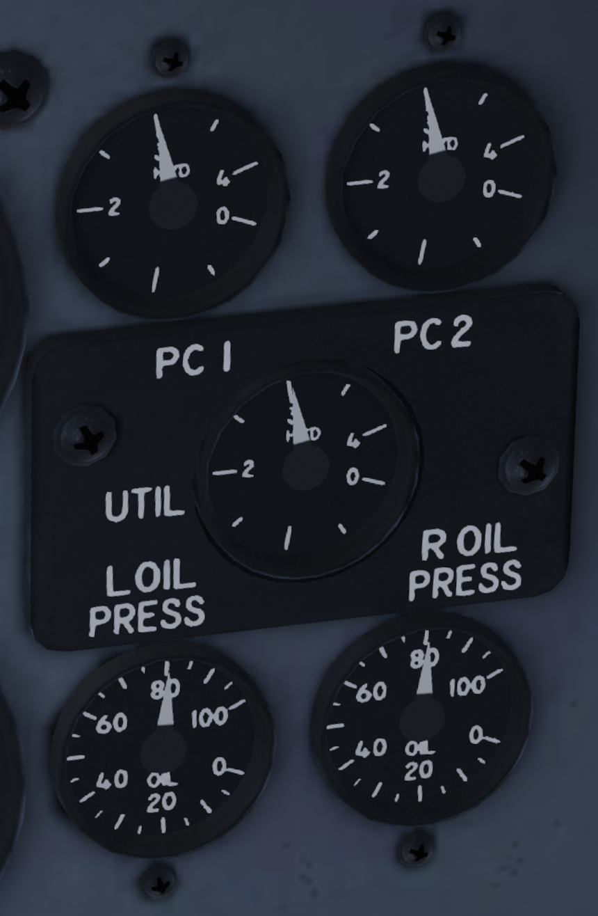 Figure 32. PC1, PC2, utility hydraulic, and engine oil pressure indicators