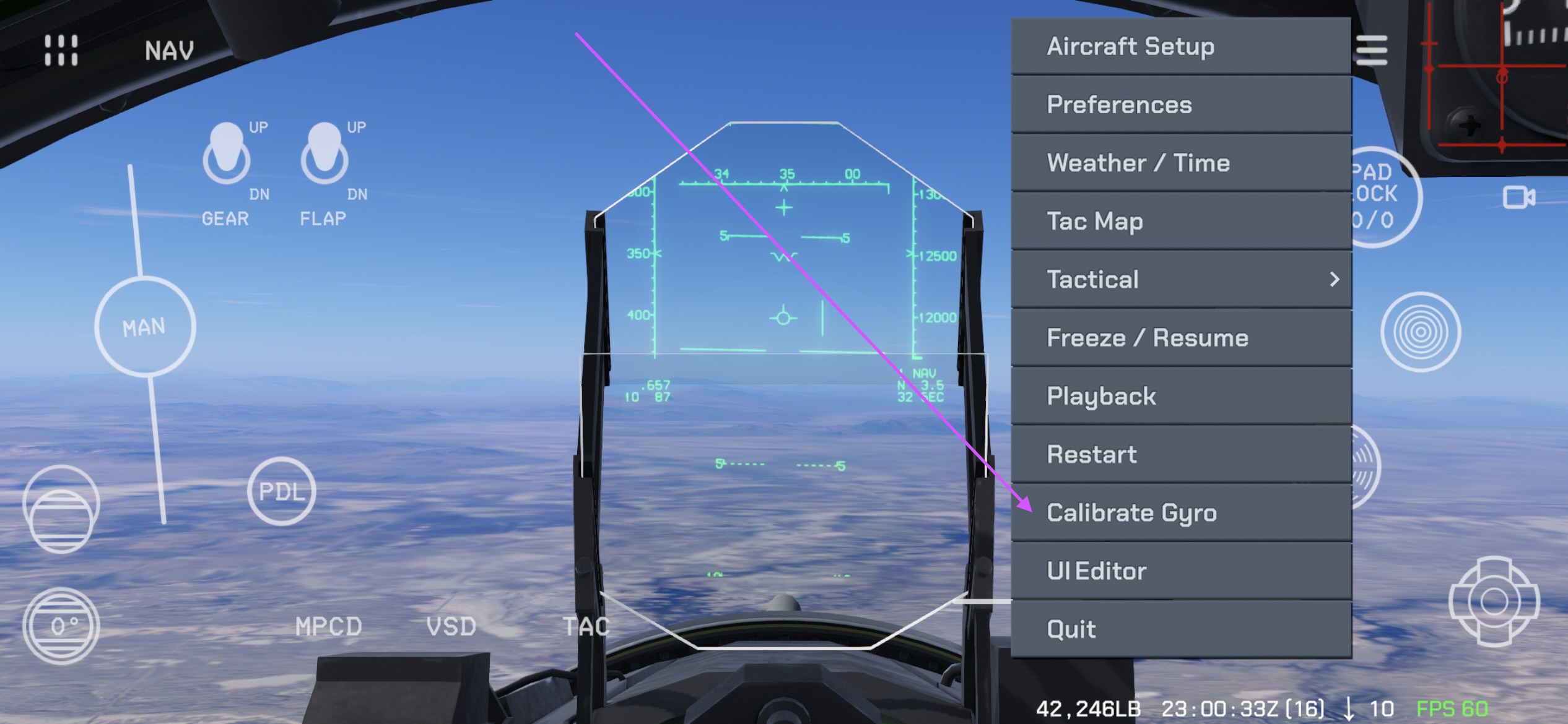 Gyroscope calibration: the Calibrate Gyro option in the main menu