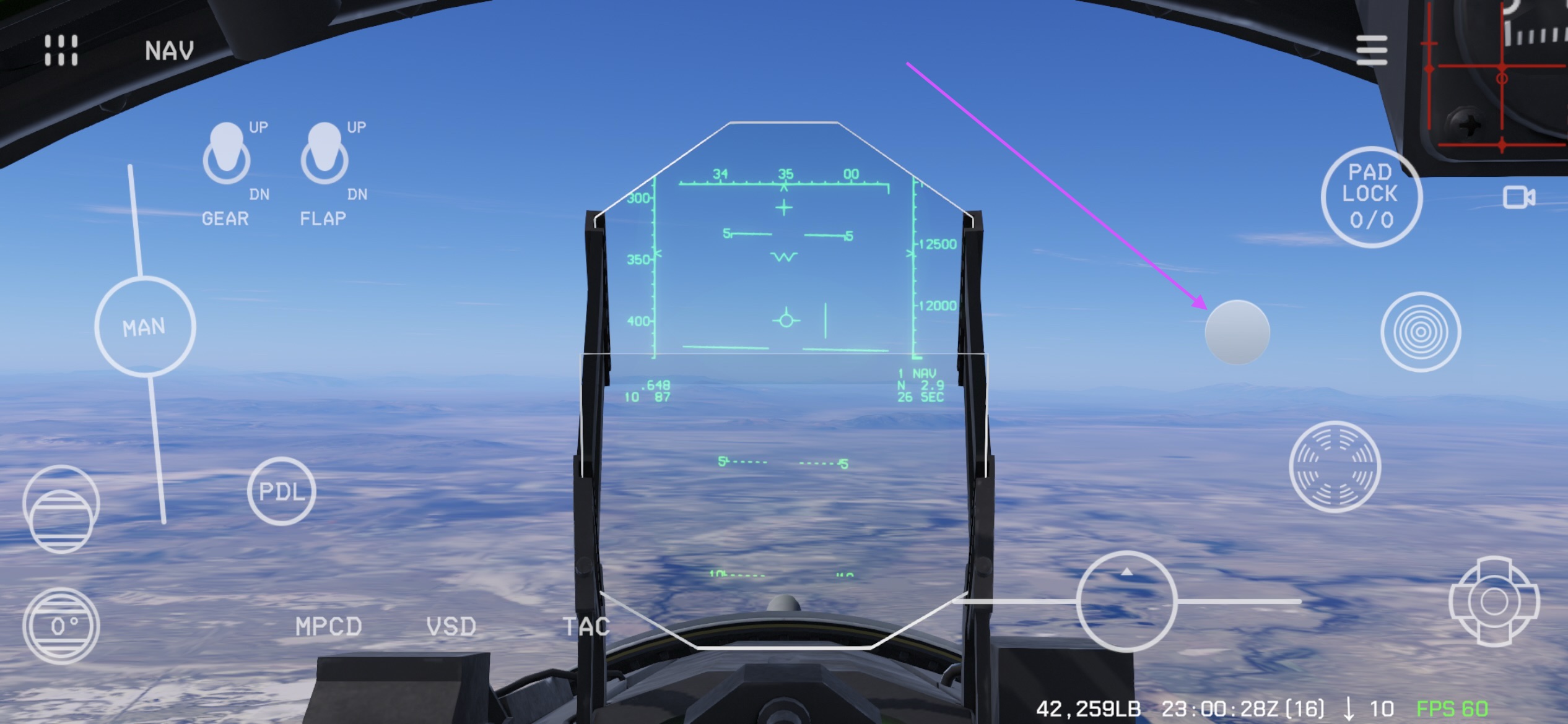 Touch virtual joystick: the arrow points to the stick control on the right side of the screen
