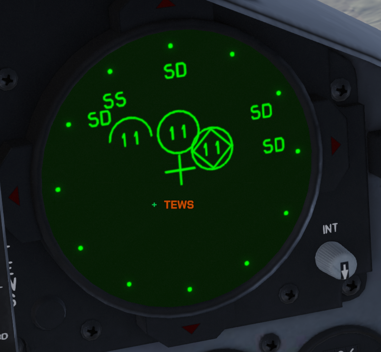 TEWS image 3: locked threats in the inner zone, a new unlocked 11 on the left in the middle zone, and search signals in the outer zone